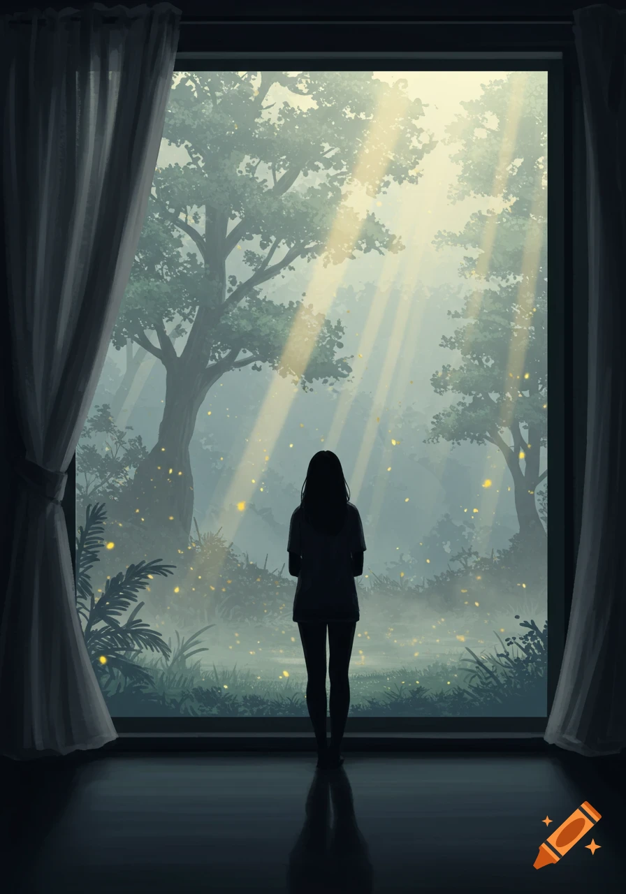 Anime illustration of a woman's silhouette standing at a window, looking out at a misty forest with sunbeams.