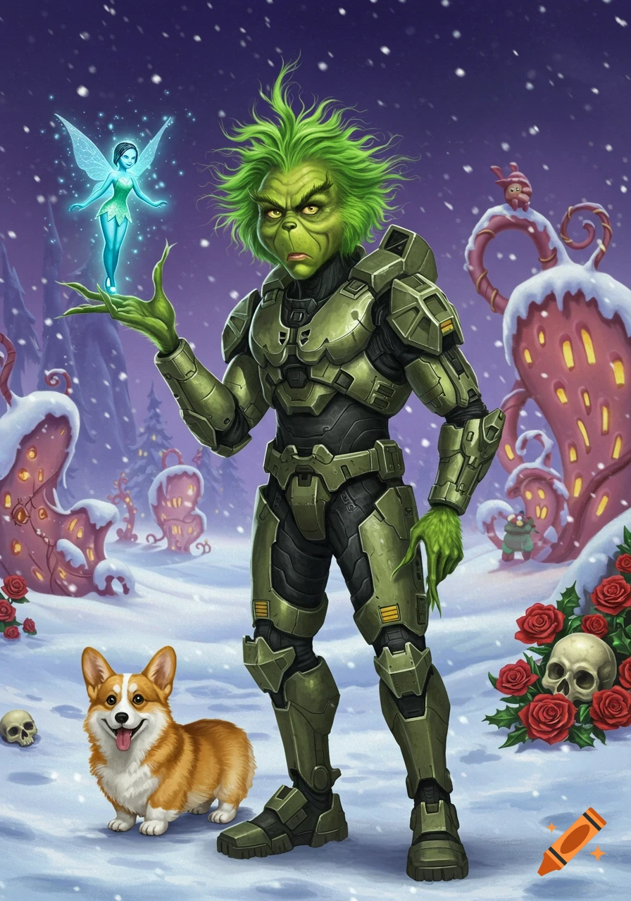 The Grinch in Master Chief armor holds a glowing fairy, with a corgi, in a snowy Whoville landscape with roses and skulls.