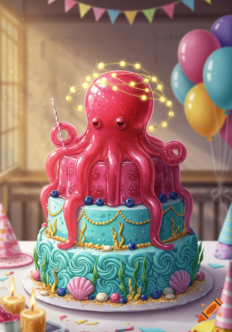 Vibrant illustration of a tiered birthday cake with a jelly-like red octopus on top, surrounded by balloons and party decorations.