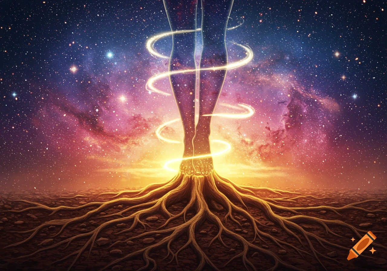 Ethereal legs with glowing spirals emerge from roots in the ground, set against a vibrant starry galaxy.