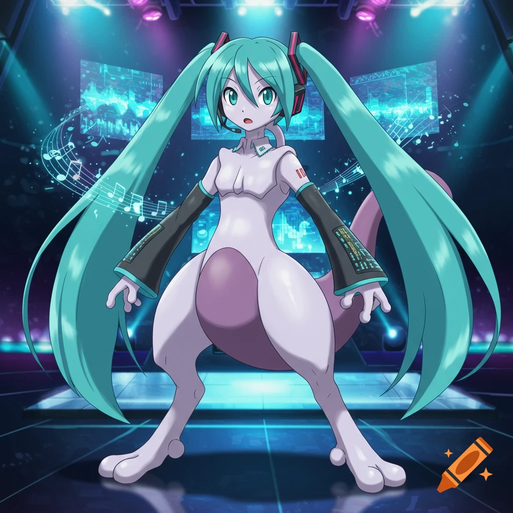 A fusion of Mewtwo and Hatsune Miku stands on a stage, featuring long teal pigtails, a white bodysuit with "01" on the collar, and glowing screens behind.