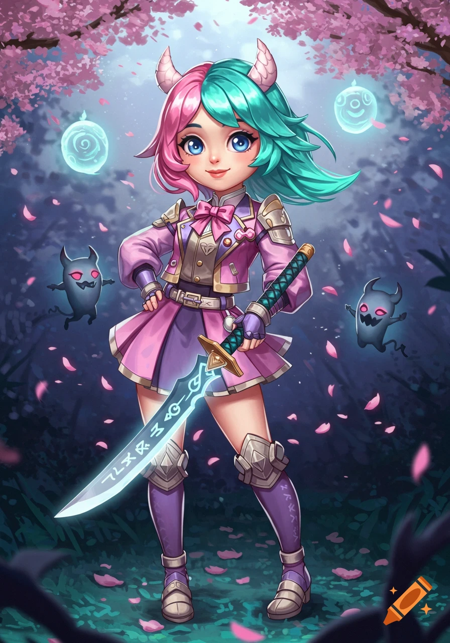 A cute anime demon hunter with pink and teal hair, horns, and a glowing sword stands under cherry blossoms with spirits.