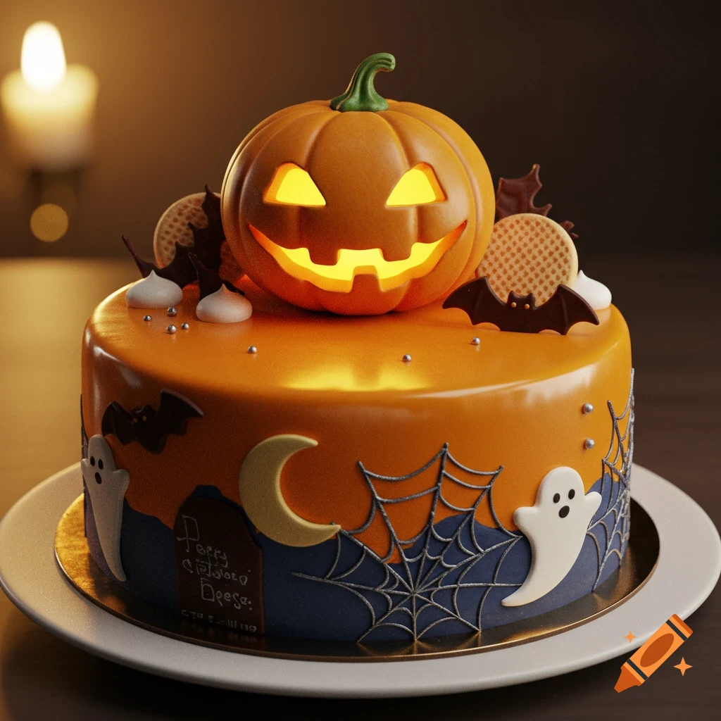 A round orange Halloween cake topped with a glowing jack-o'-lantern, decorated with ghosts, bats, spiderwebs, and a moon.
