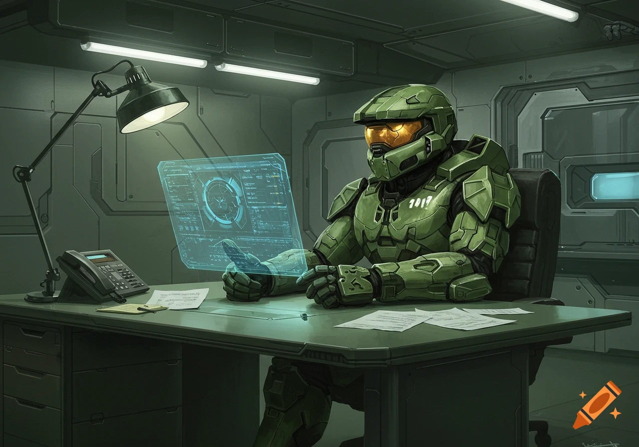 Master Chief in his green armor sits at a desk in a futuristic office, looking at a blue holographic screen with data.