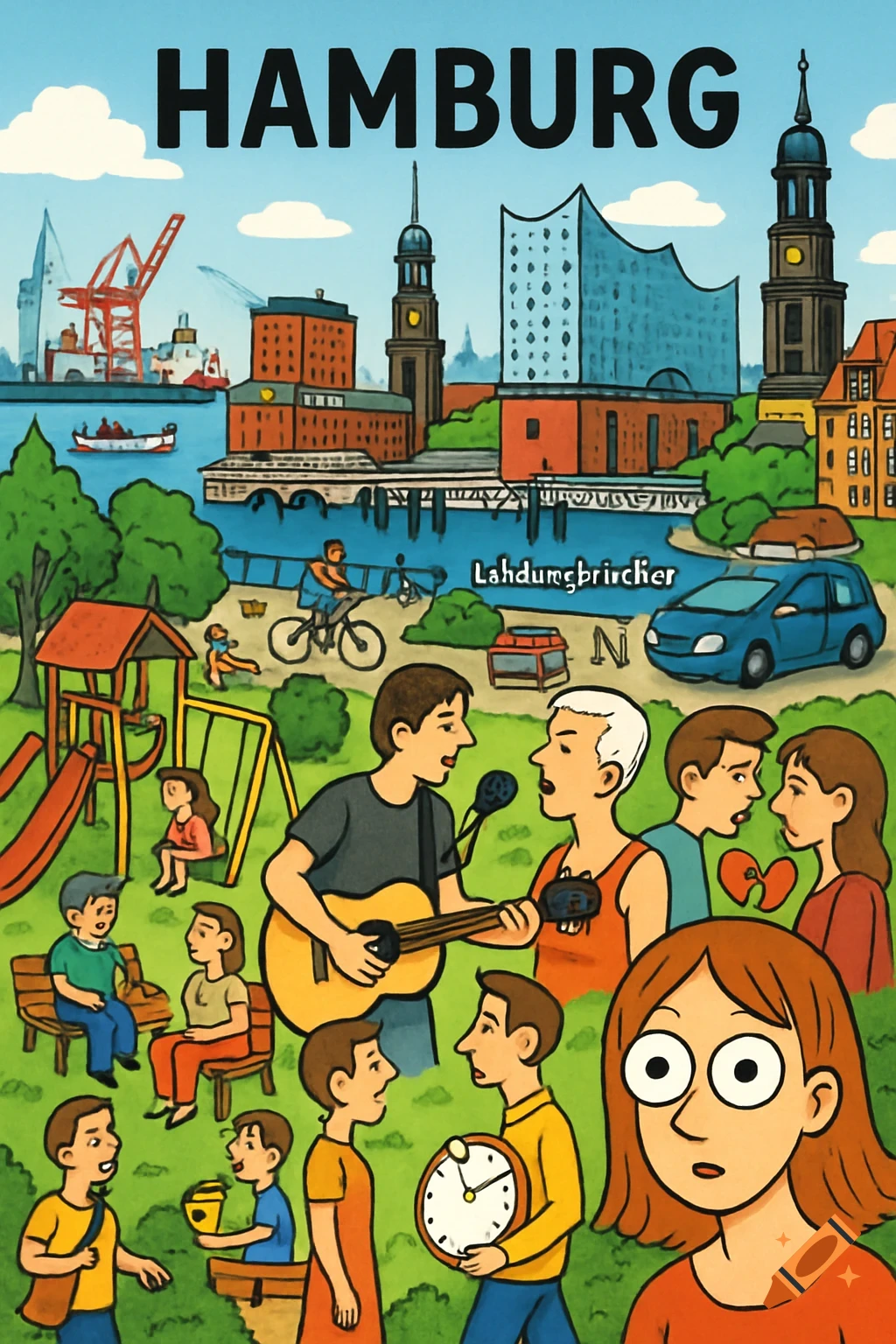 A busy comic-style illustration of Hamburg with landmarks, people, a playground, musicians, and various scenes.