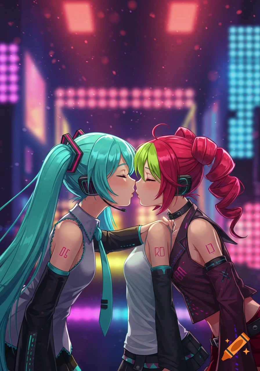 Two anime characters, one with long teal pigtails, the other with red and green hair, kissing in a vibrant, neon-lit urban setting. Digital art.
