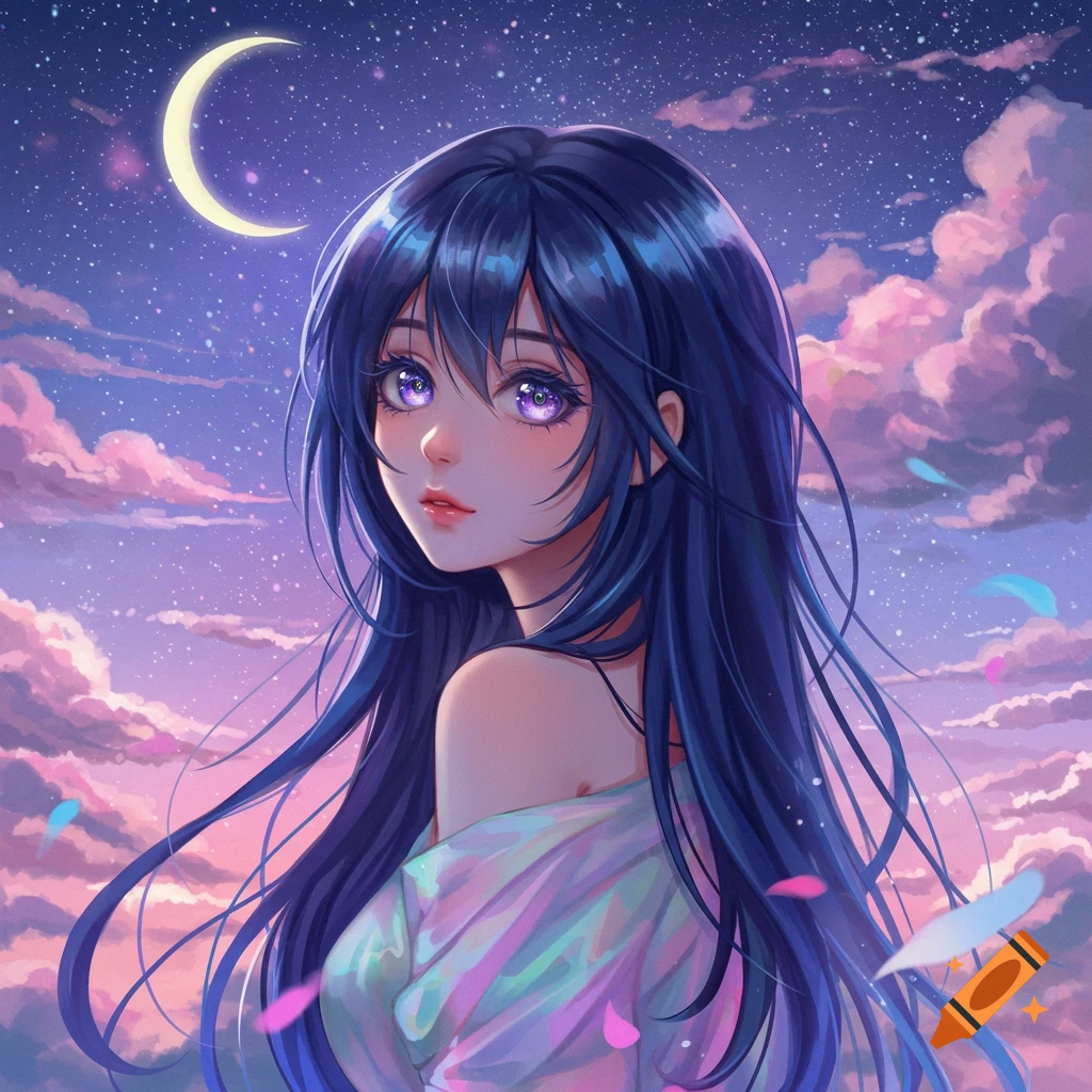 Vibrant anime portrait of a girl with long dark blue hair and purple eyes under a starry night sky with a crescent moon and pink clouds.