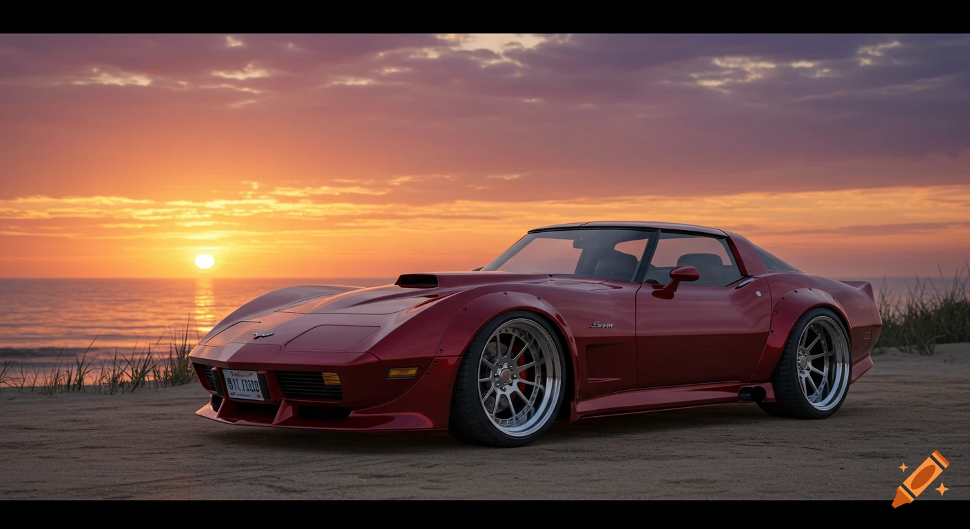A custom modified red 1978 Corvette is parked on a sandy beach at sunset, with the ocean in the background.