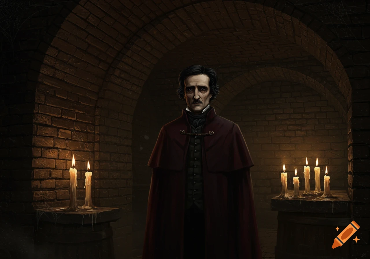 A man resembling Edgar Allan Poe in a dark cloak stands in a dimly lit brick cellar with burning candles.