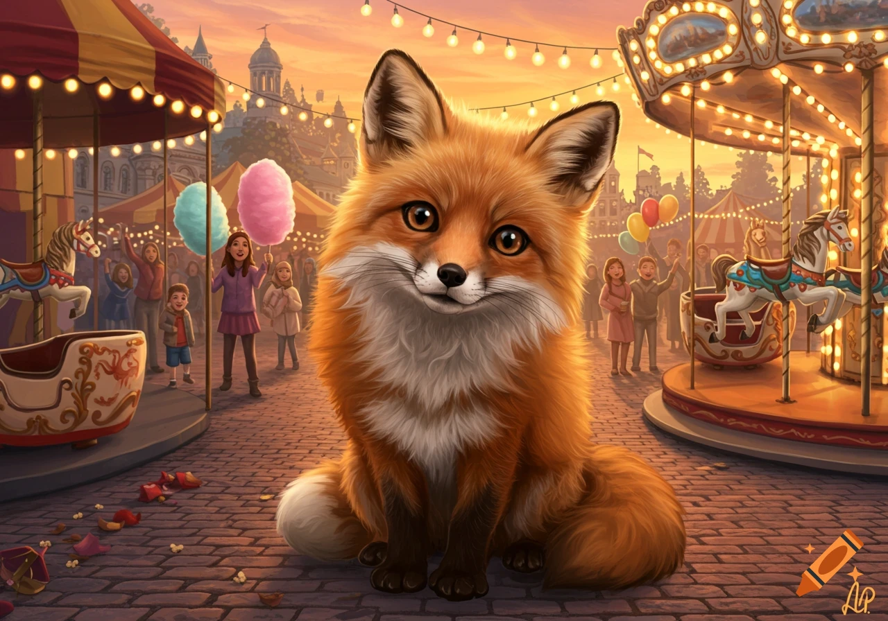 A cute fluffy red fox sits smiling on a cobblestone path in a bustling carnival at sunset with illuminated rides.