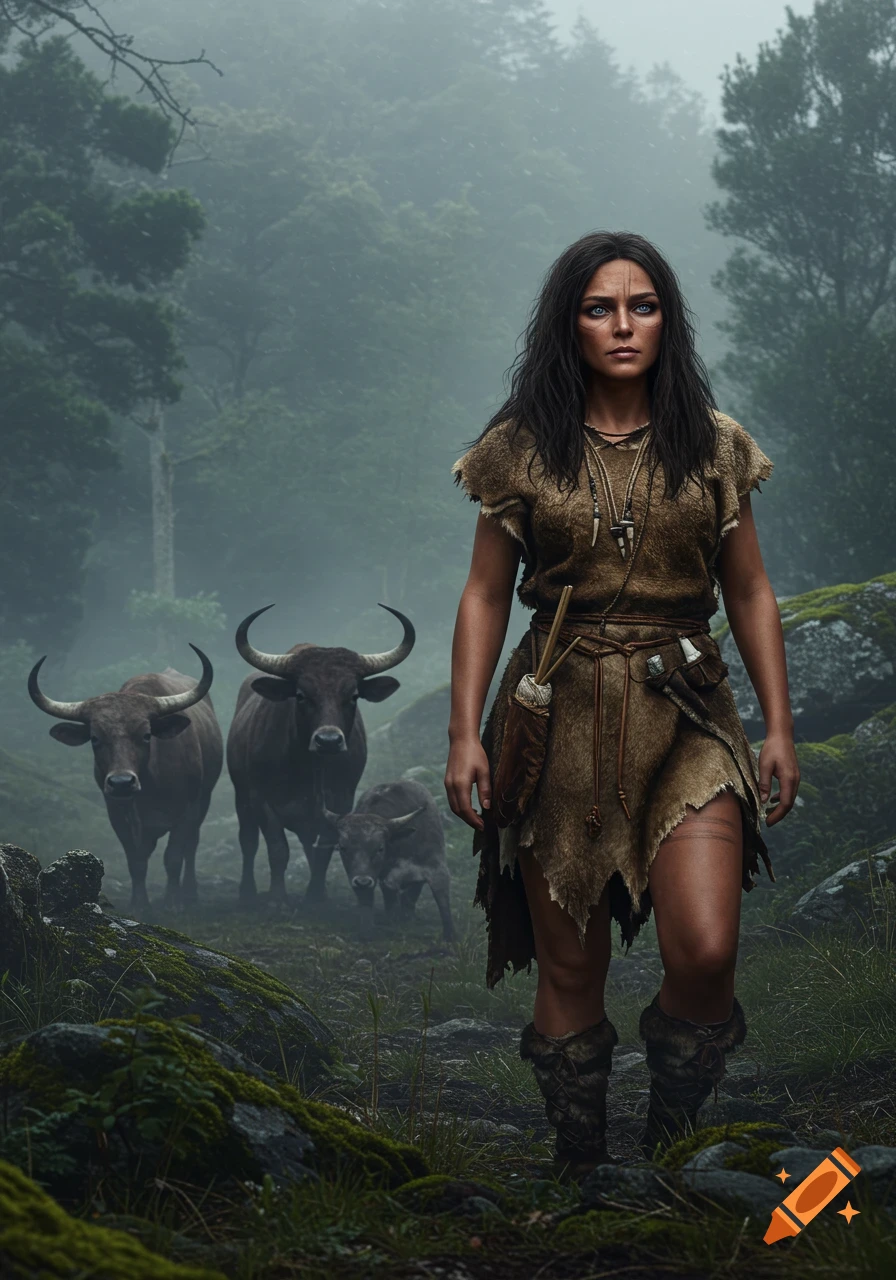 A hyperrealistic portrait of a prehistoric woman in primitive attire, with long dark hair, standing in a misty forest alongside three uros. She looks forward with a serene, determined expression.