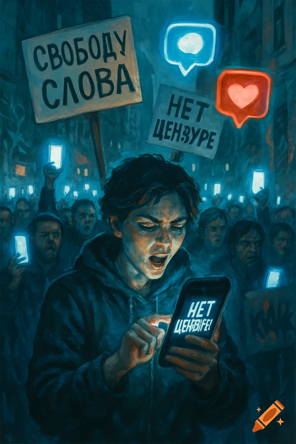 Painterly illustration: A person shouts at a night protest, illuminated by a phone displaying "No Censorship!". Signs read "Freedom of Speech" and "No Censorship".
