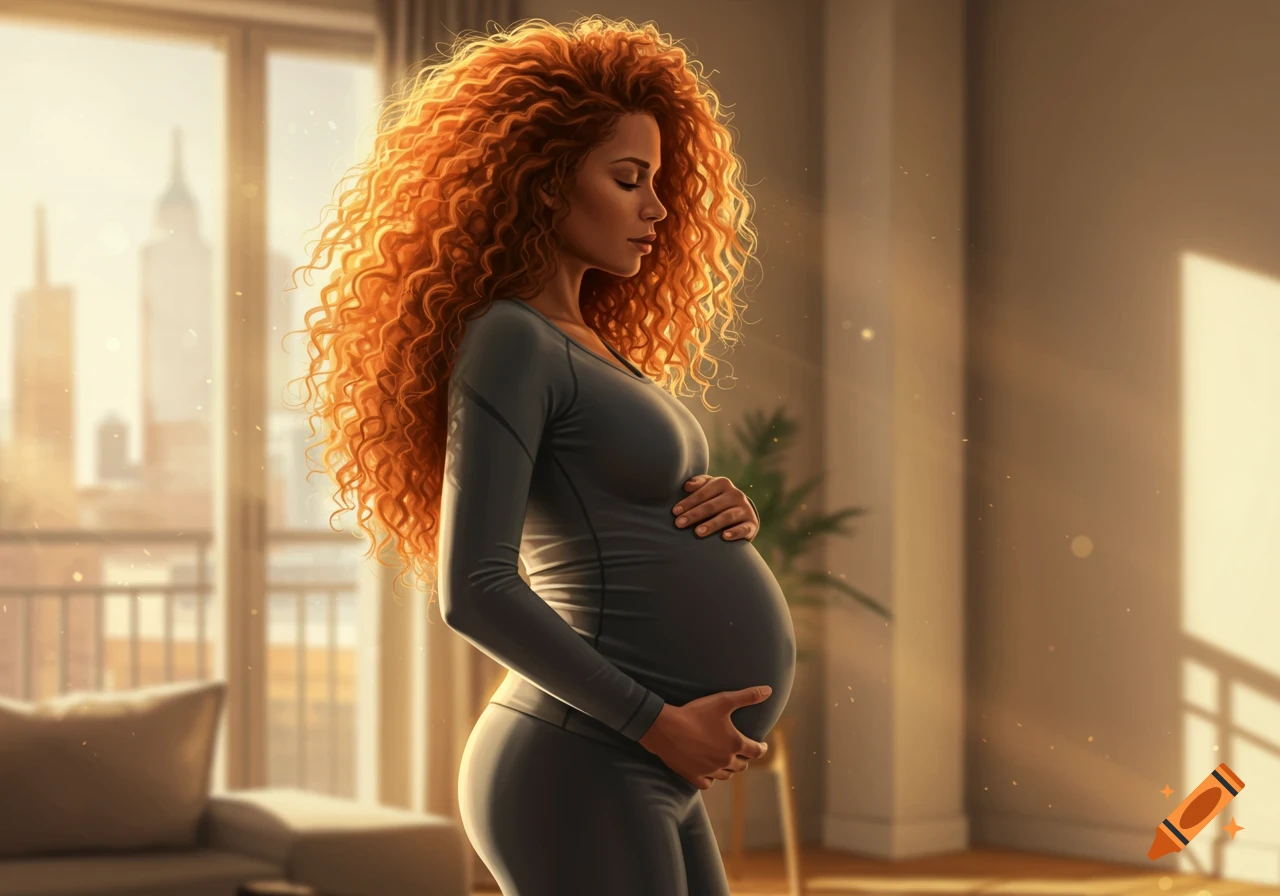 A photorealistic image of a pregnant woman with long, curly red hair, holding her belly by a sunlit window with a city view.