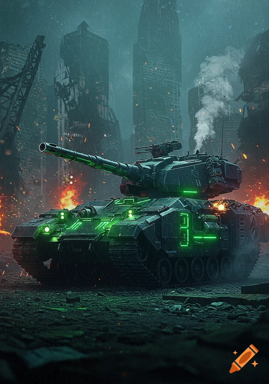 A futuristic, neon-green artillery tank stands in a rainy, war-torn city with destroyed buildings and fires in the background, in a digital painting style.