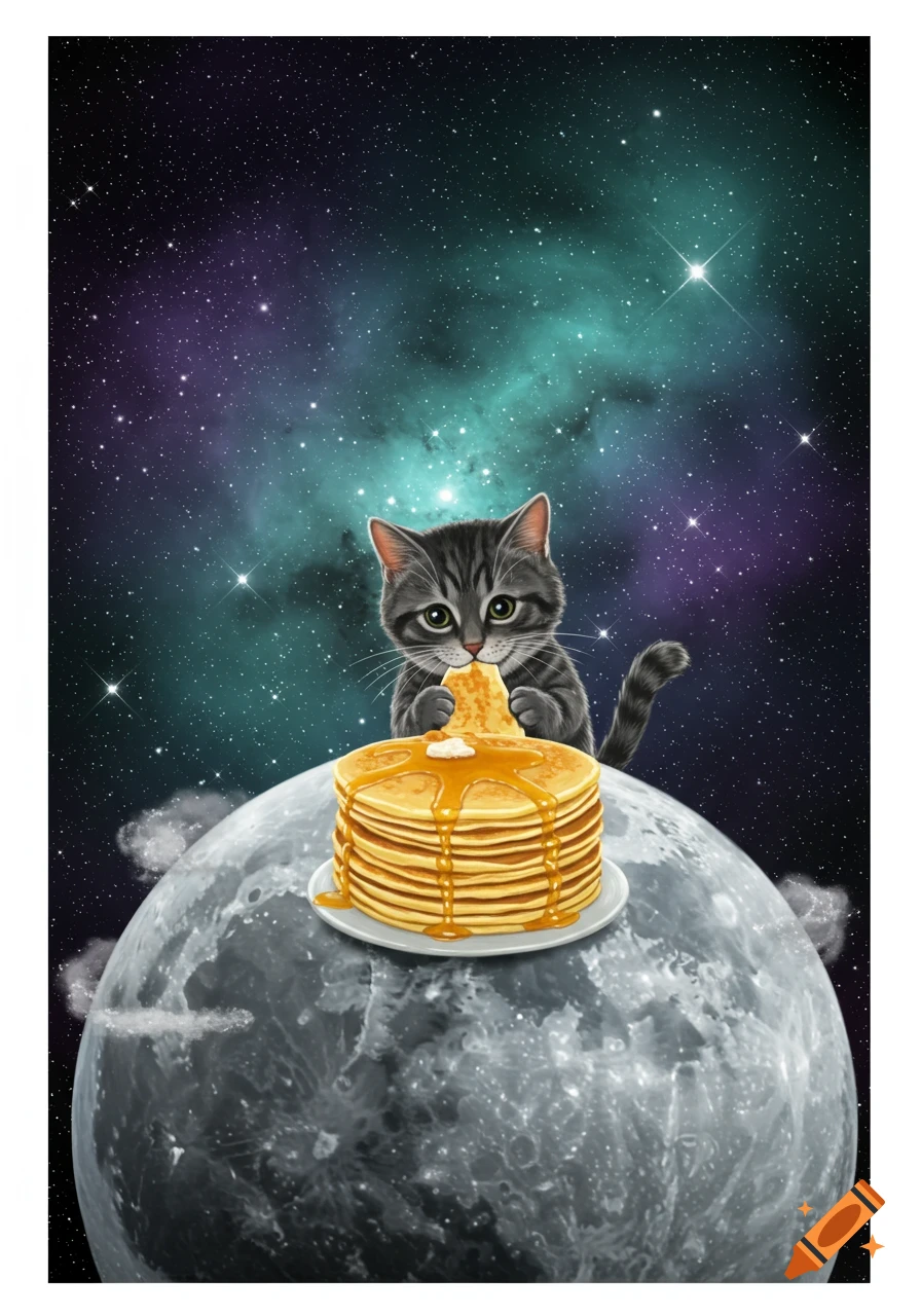 A cute tabby cat sits on the moon, eating a stack of pancakes with syrup and butter against a starry space background.