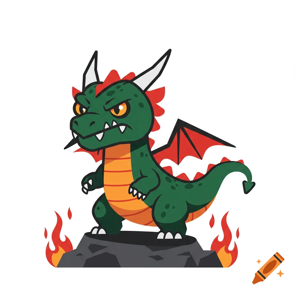 A cartoon green dragon with red wings and spikes, standing on a grey rock with flames, looking very angry.