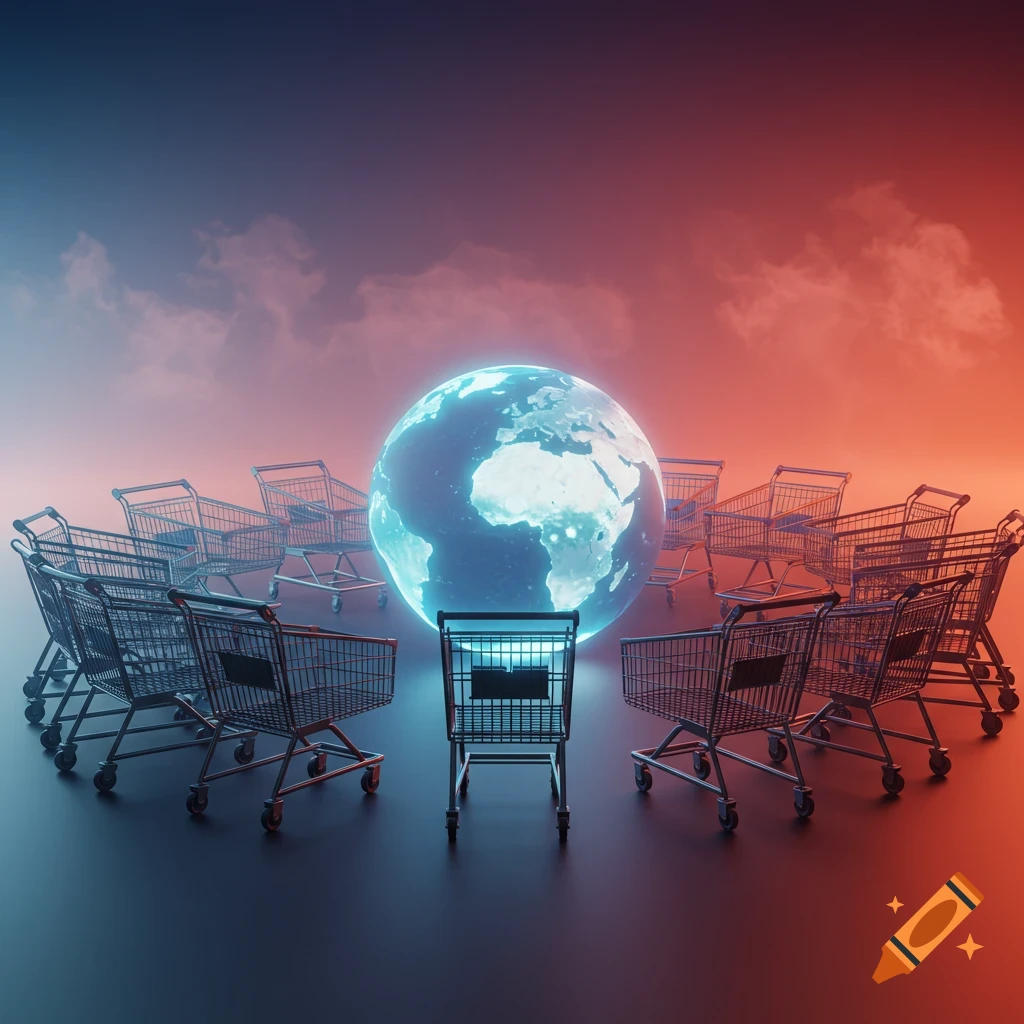 A glowing Earth globe surrounded by numerous shopping carts in a dark, atmospheric setting with red and blue light.