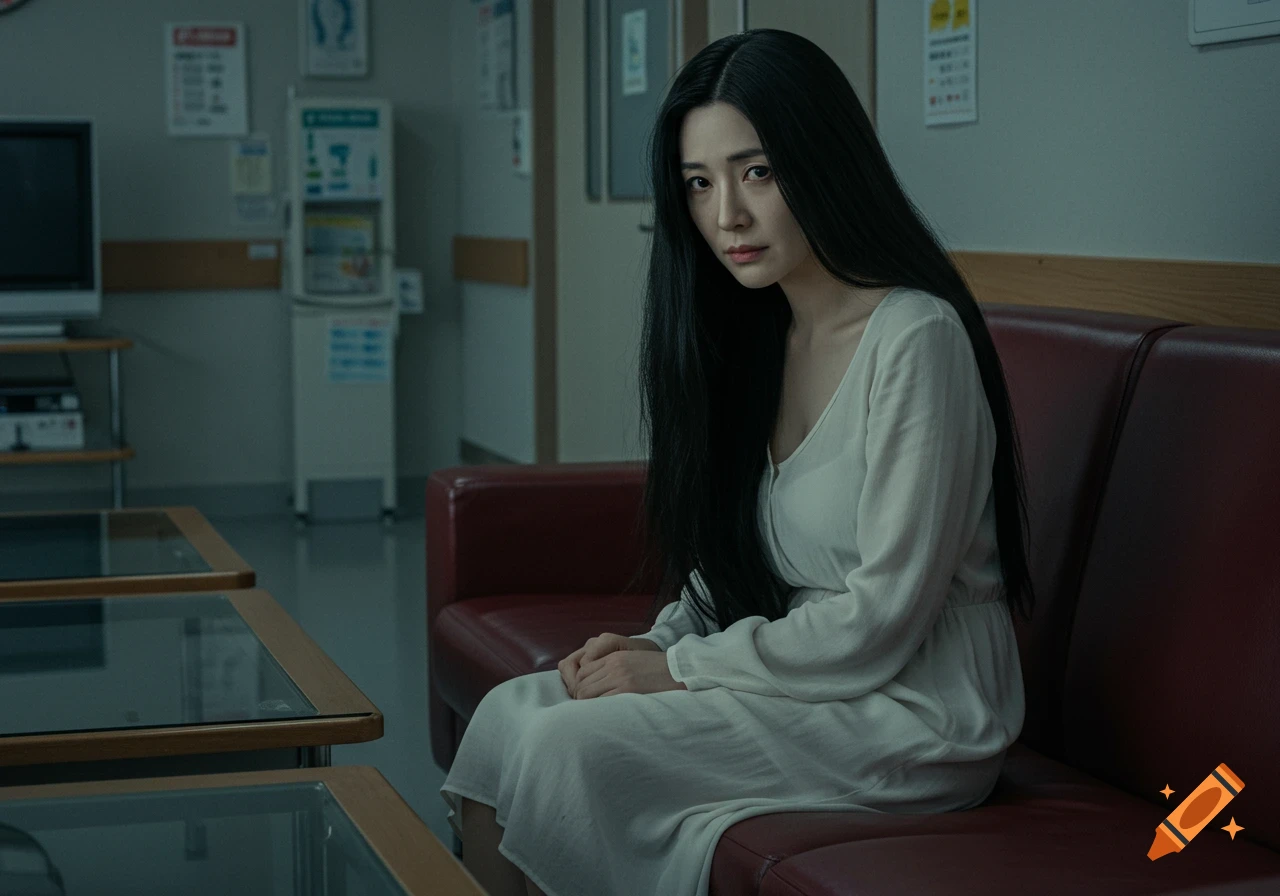 A long-haired Japanese ghost woman in a white dress sits on a red couch in a dim hospital waiting room, in a dramatic cinematic style.