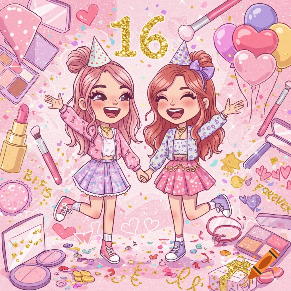 Two happy cartoon girls in party hats celebrating a 16th birthday, surrounded by makeup and balloons in pink and purple tones.