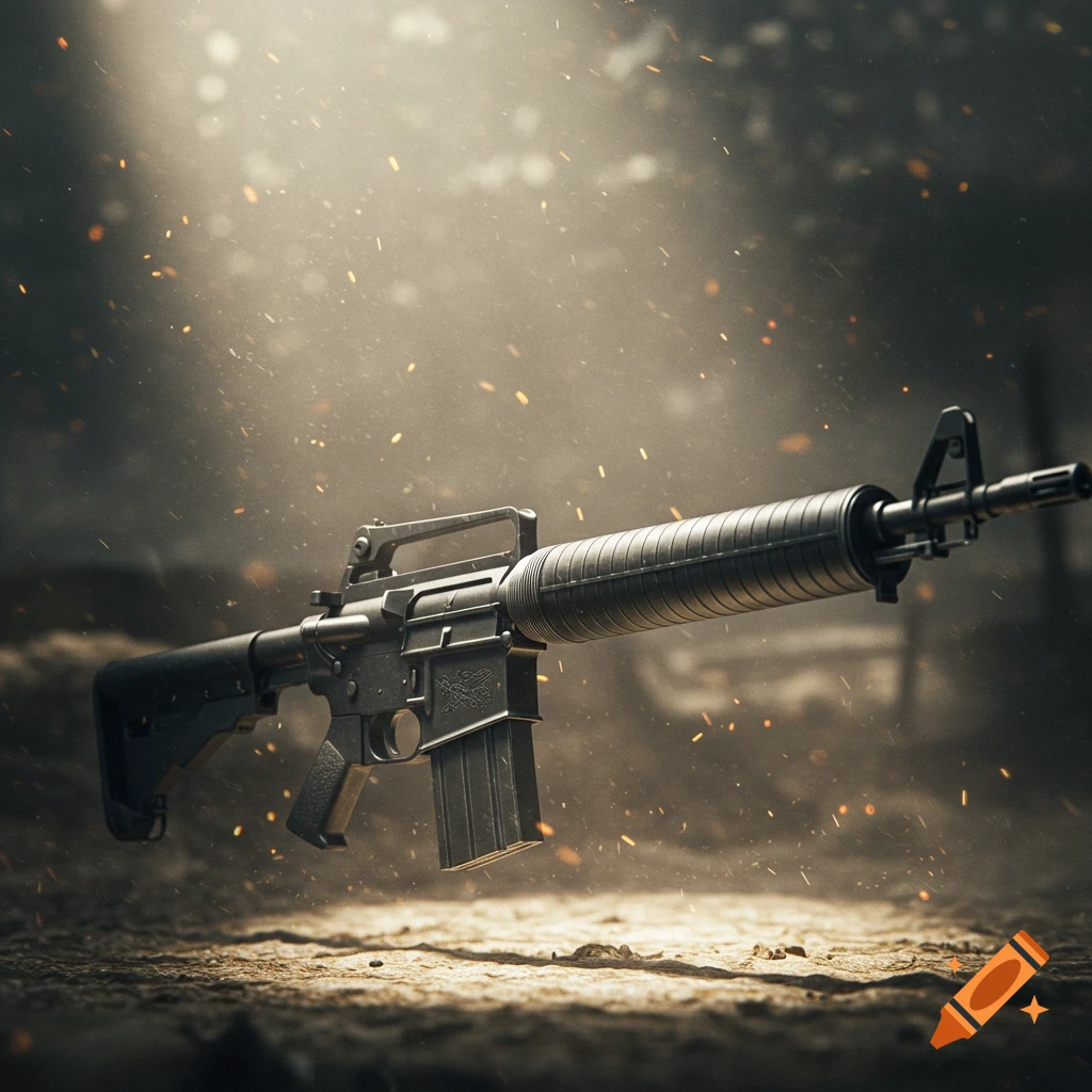 A photorealistic M16A1 assault rifle floats above a dusty ground with glowing particles in a dramatic, dark setting.