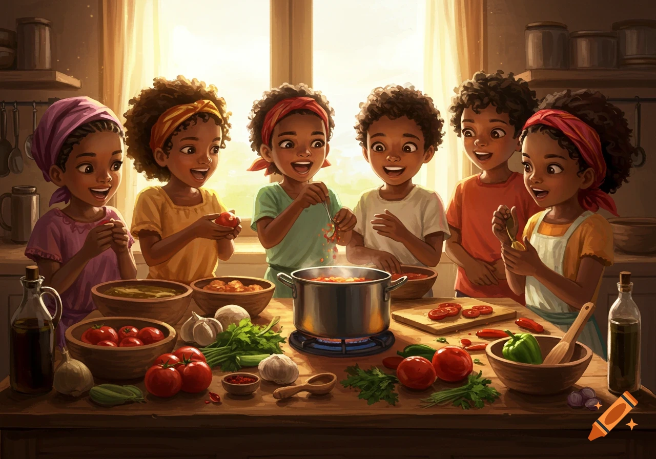 Six happy African children cooking a meal together in a sunlit kitchen, surrounded by fresh vegetables and a pot on the stove.