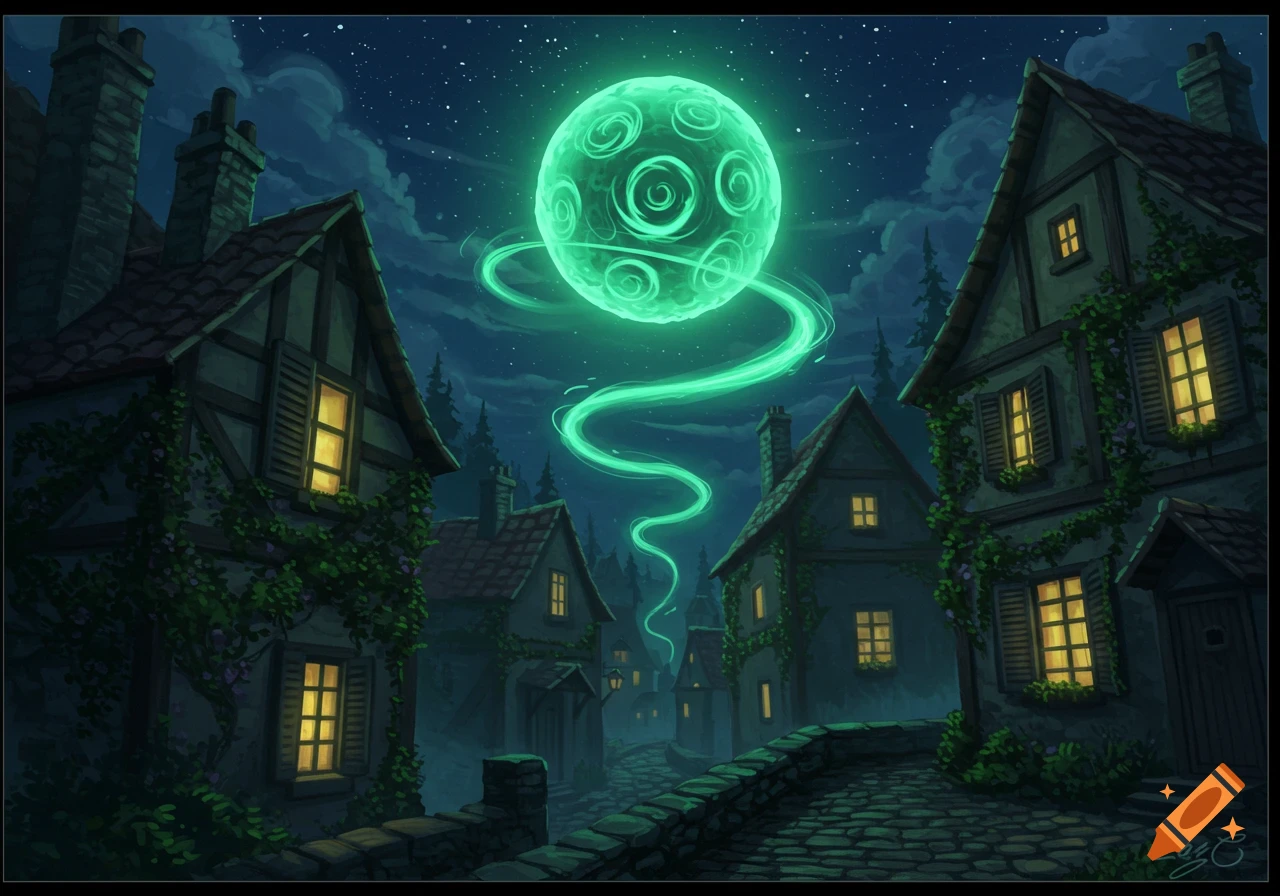 A vibrant green glowing orb with intricate swirls illuminates a dark, cobblestone village street at night, with a winding green light flowing from it.