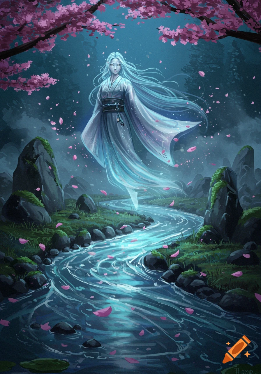 A spectral woman with long white hair in a kimono floats above a blue river scattered with pink cherry blossoms in a dark, mystical landscape.
