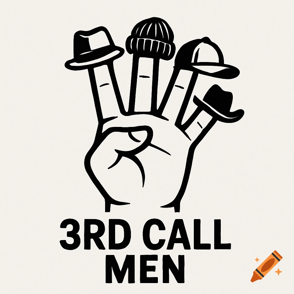 Black and white logo of a stylized hand with four fingers up, each finger wearing a different hat or cap. Text below reads '3RD CALL MEN'.