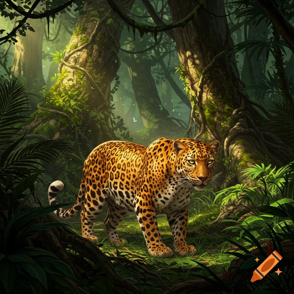 A realistic leopard with spotted fur stands in a lush, green jungle with large trees and ferns.