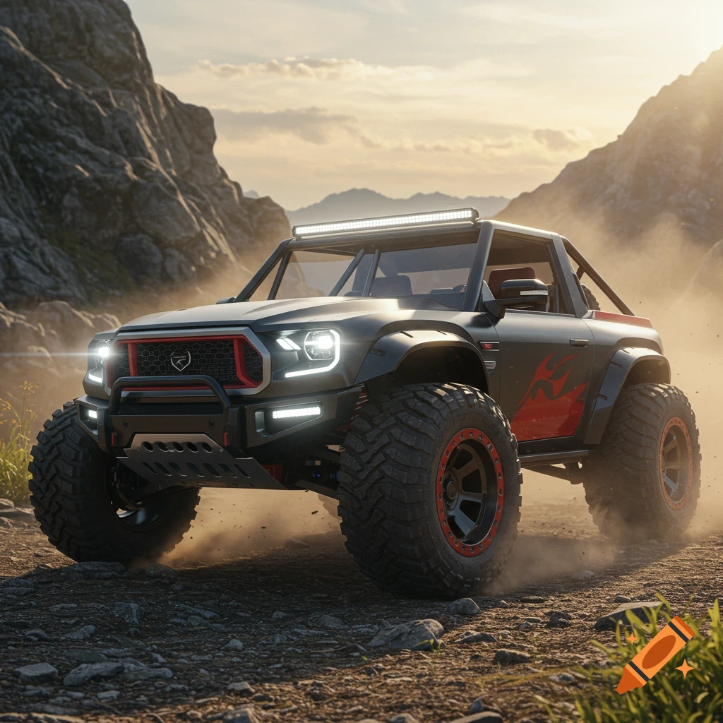 A black and red offroad vehicle with large tires kicks up dust on a rocky path in a mountainous desert at sunset, photorealistic style.