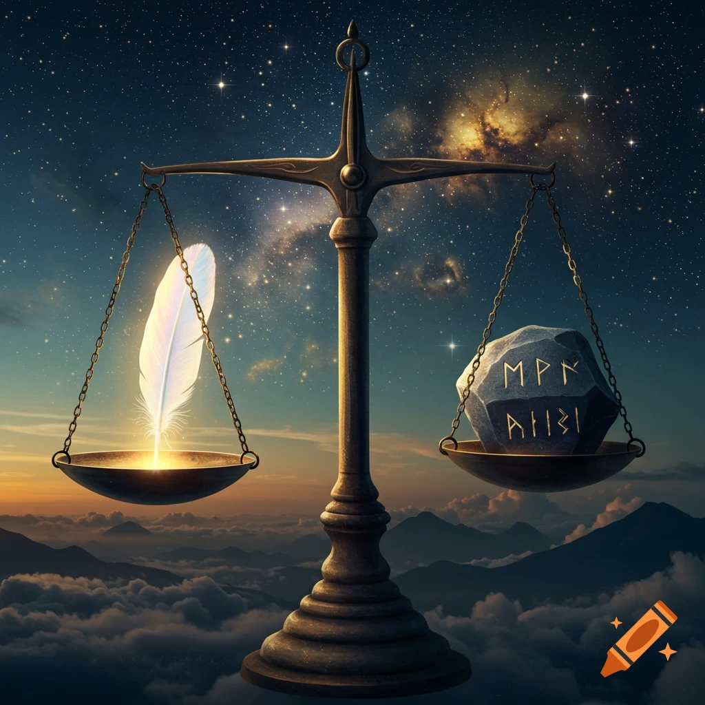 A symbolic image of a balance scale with a glowing feather on one side and a rock with carved runes on the other, set against a starry night sky above clouds and mountains.