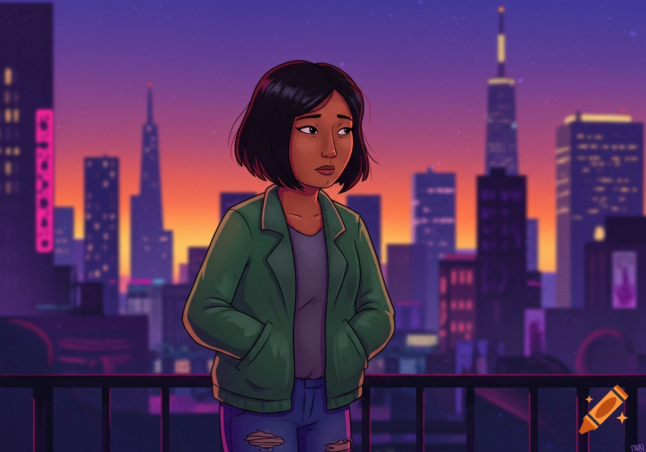 An animated woman with short dark hair and a green jacket stands on a city rooftop at sunset, looking forlorn.