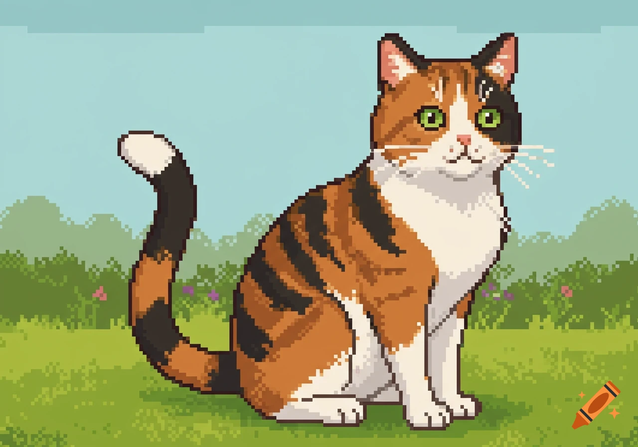 Pixel art illustration of a calico cat with a curved tail sitting in a grassy field under a clear sky.