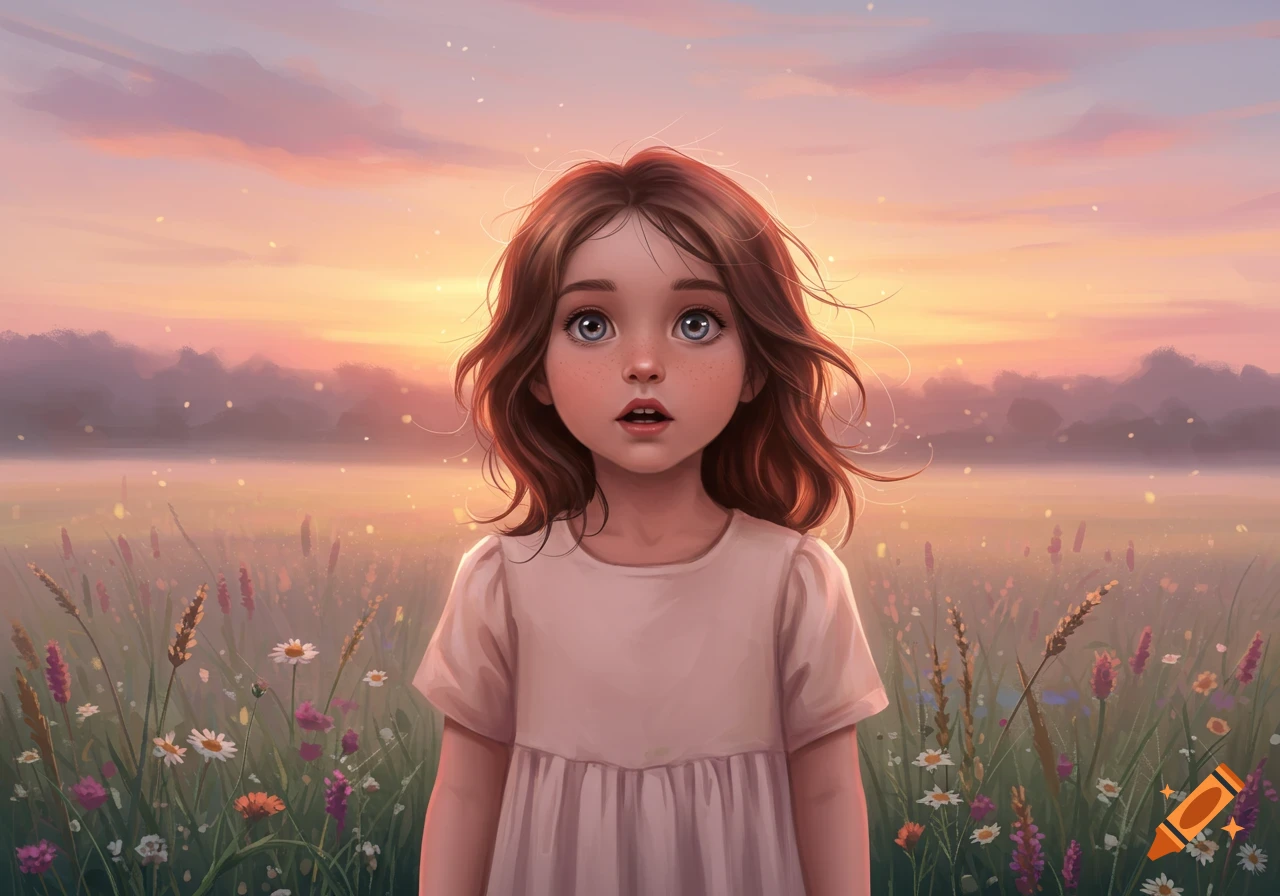 A wide-eyed young girl with brown hair stands in a field of wildflowers under a colorful sunset sky, digital painting.