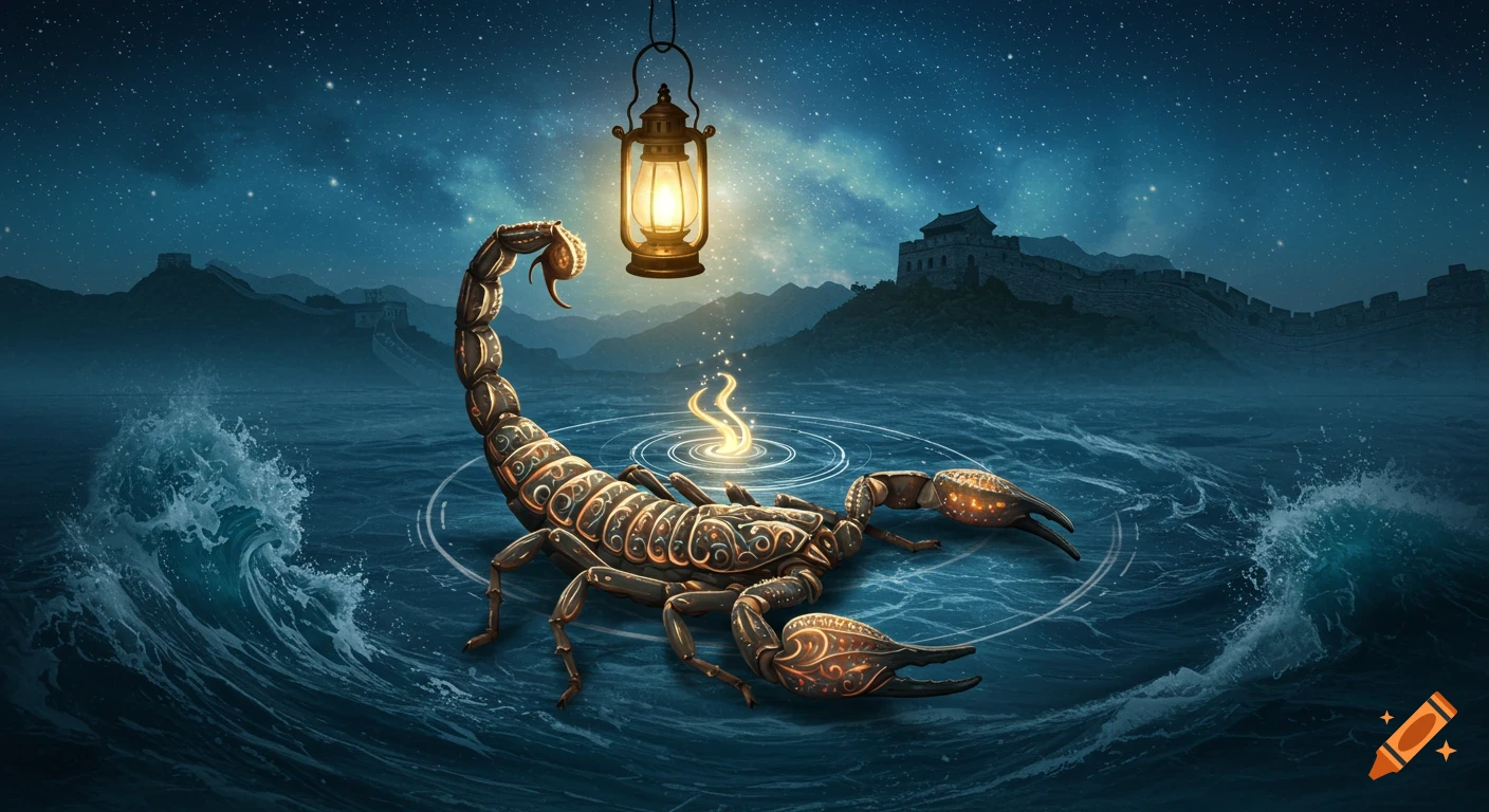 An ornate, glowing scorpion rests on dark water under a vintage lantern and starry night sky, with the Great Wall of China in the distant background.