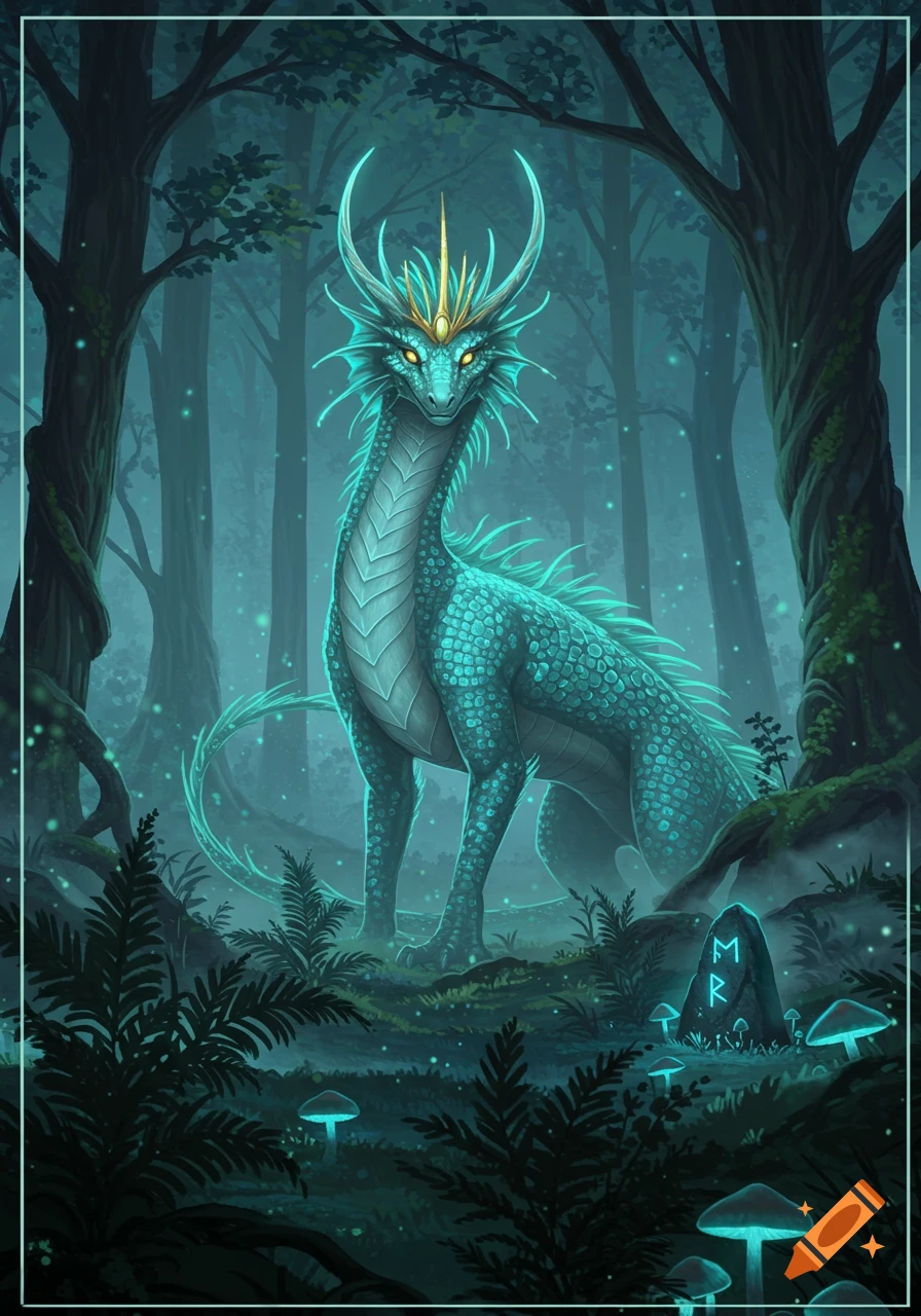 A teal dragon with golden horns and glowing eyes stands in a mystical, dark forest with luminous mushrooms and fireflies.