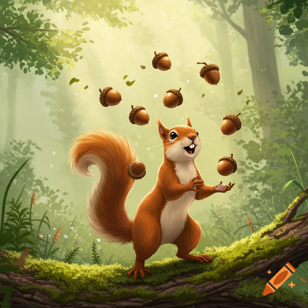 A smiling cartoon squirrel juggles several acorns in a bright, sunny forest clearing, standing on a mossy log.