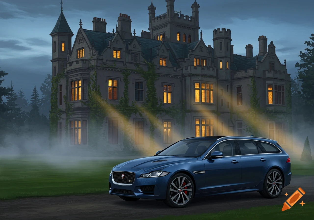 A blue Jaguar XF Sportbrake parked on a gravel driveway in front of a grand, illuminated castle shrouded in mist at dusk.