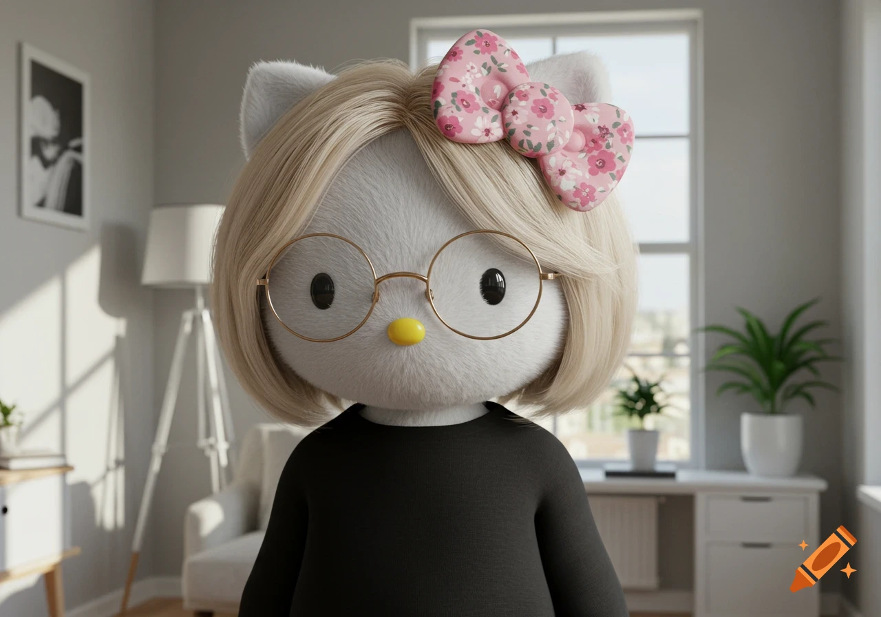 A 3D rendered Hello Kitty with blonde bob hair, round glasses, a floral pink bow, and a black sweatshirt, in a bright room.