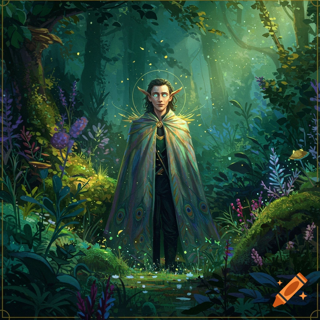 A fantasy illustration of an elf-like figure in a peacock-feathered cloak, standing in a magical forest with glowing particles.