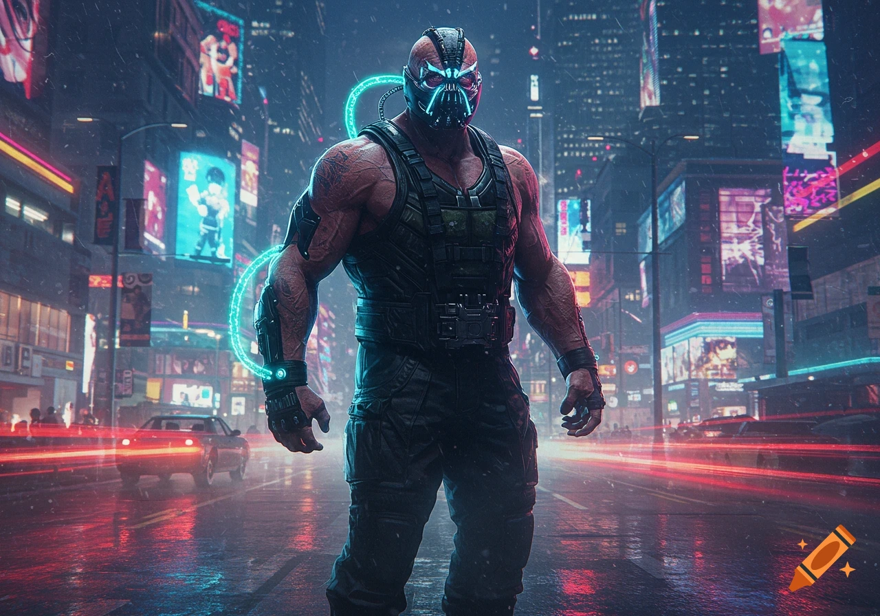 A muscular Bane-like character with a neon mask and glowing cybernetic tubes stands on a wet, neon-lit cyberpunk city street at night.