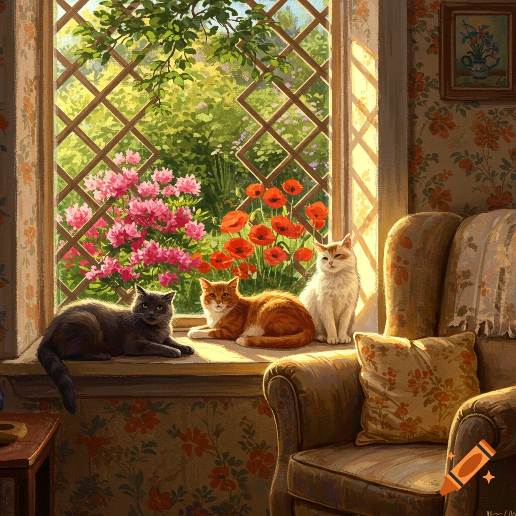 Three cats, gray, orange, and white, sit on a sunlit window sill overlooking a vibrant garden with pink and red flowers. Painterly style.