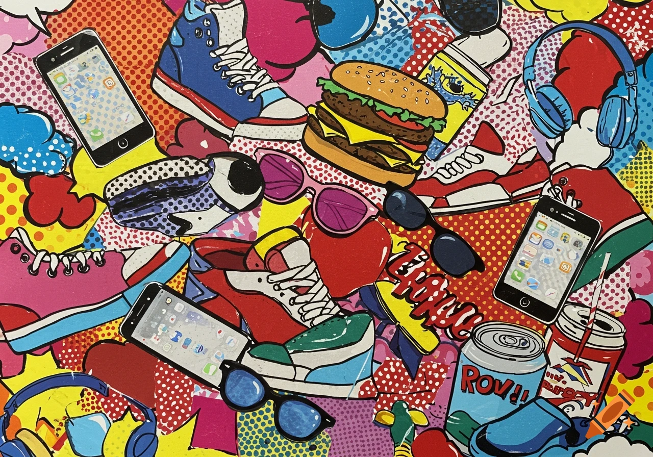 A vibrant Pop Art collage featuring modern everyday objects like smartphones, sneakers, a hamburger, headphones, sunglasses, and soda cans on a colorful background with halftone dots.