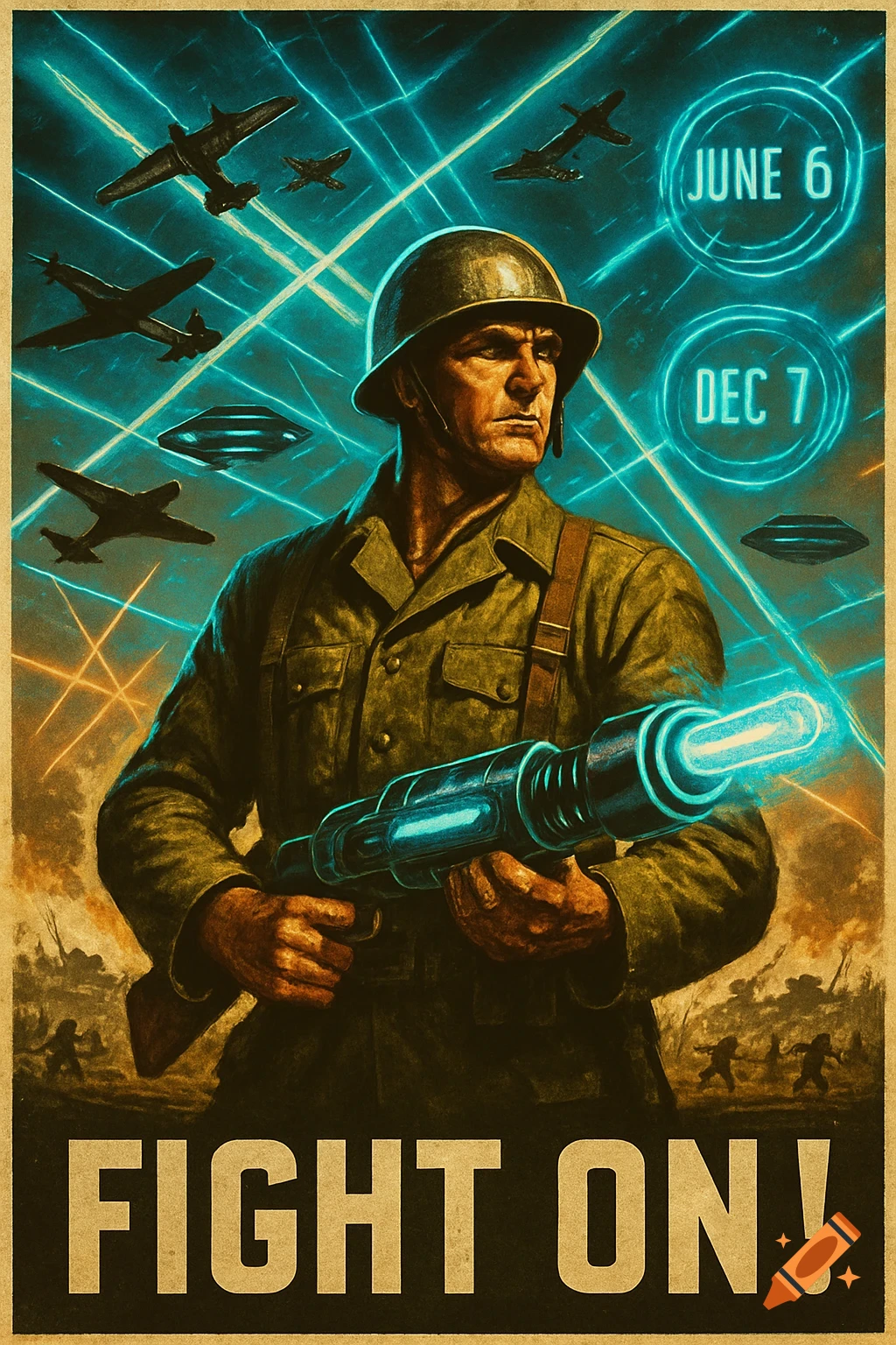 Vintage-style war poster of a soldier with a glowing futuristic rifle looking at WWII planes and UFOs in a laser-grid sky. Text: FIGHT ON!