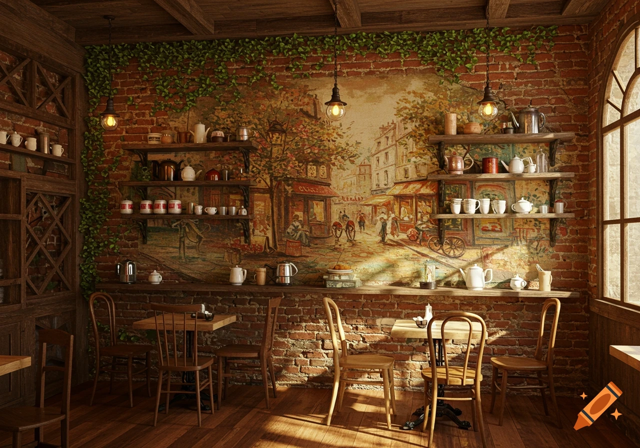 A cozy cafe interior with brick walls, wooden shelves, tables, chairs, and a large mural of a European street scene.