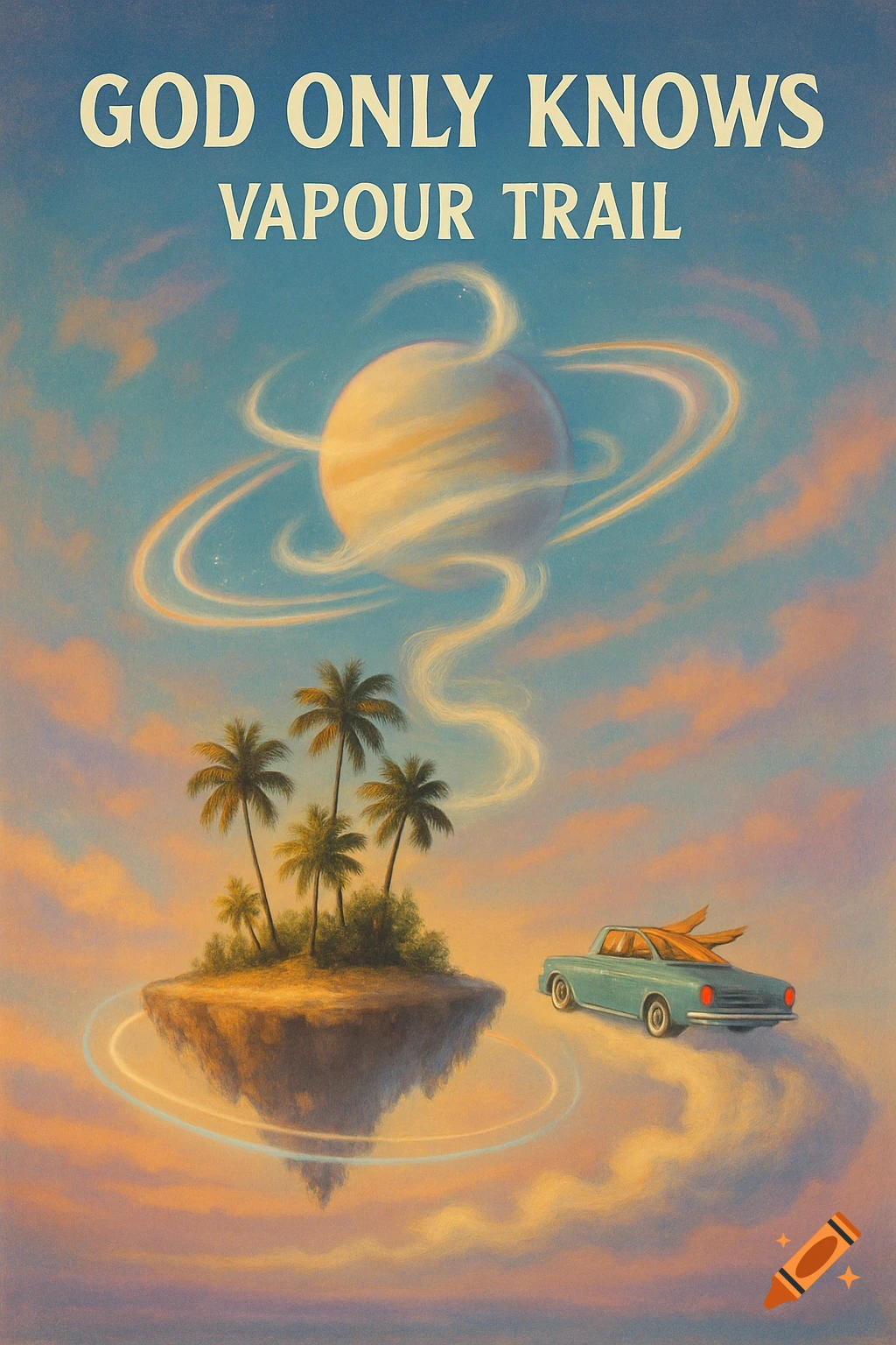 Surreal painting of a blue flying car, floating island with palm trees, ringed planet, and 'GOD ONLY KNOWS VAPOUR TRAIL' text.