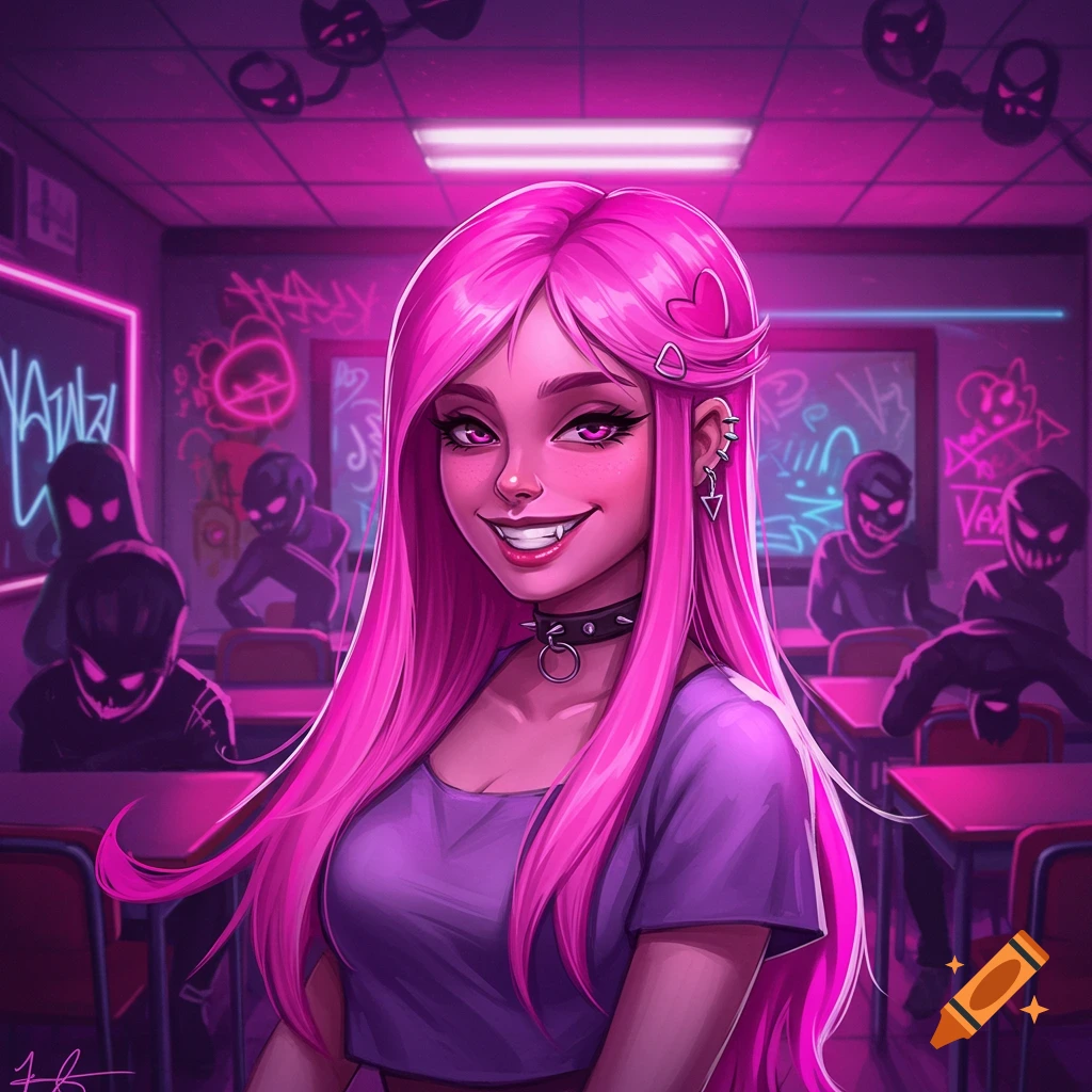 A smiling stylized woman with long pink hair, fangs, and a choker stands in a neon-lit classroom with shadowy figures and graffiti.