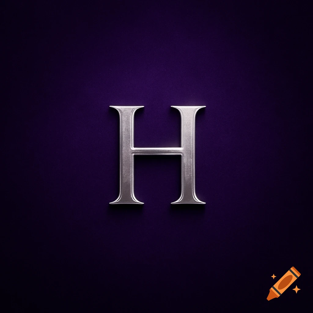 Silver metallic letter H on a dark purple textured background.