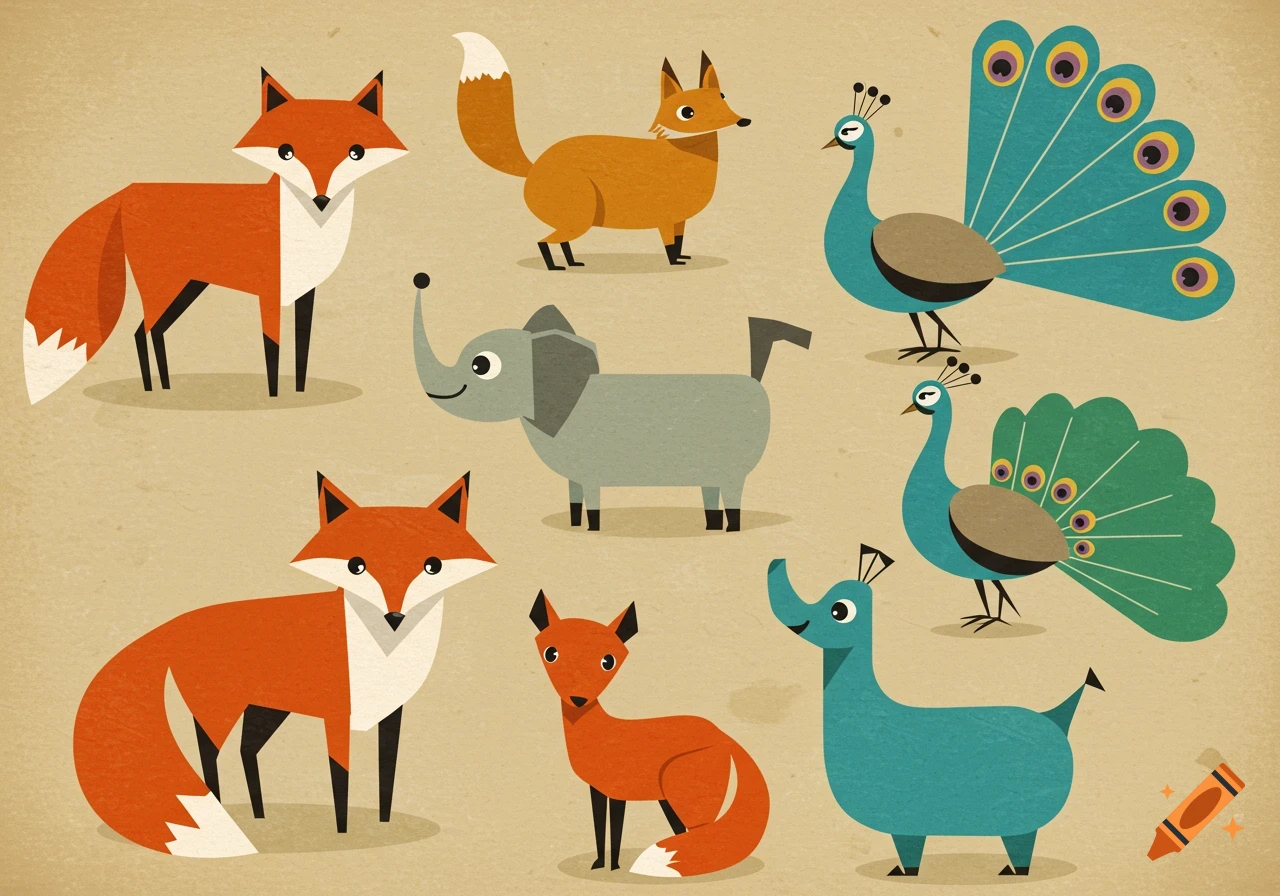 A group of stylized animals including foxes, peacocks, and an elephant, in a mid-century geometric illustration style.