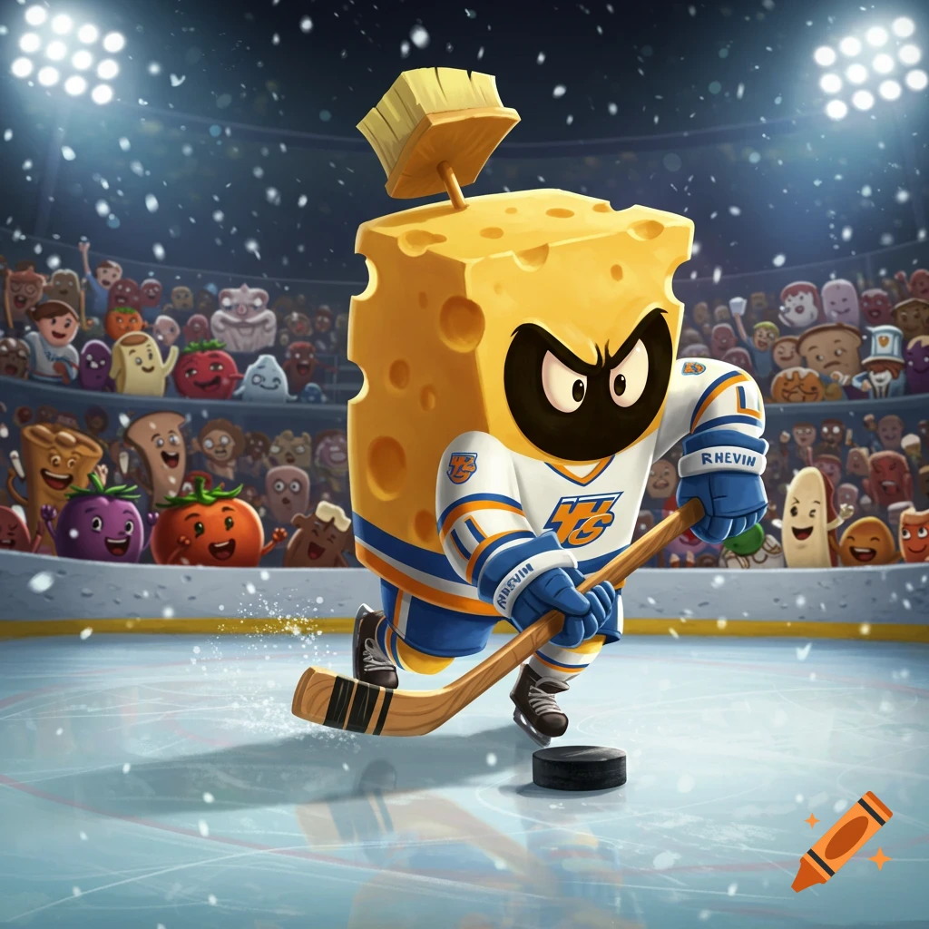 A cartoon cheese character with a broom on its head, wearing a hockey uniform, skates on ice with a stick and puck in an arena filled with a crowd of diverse food characters.